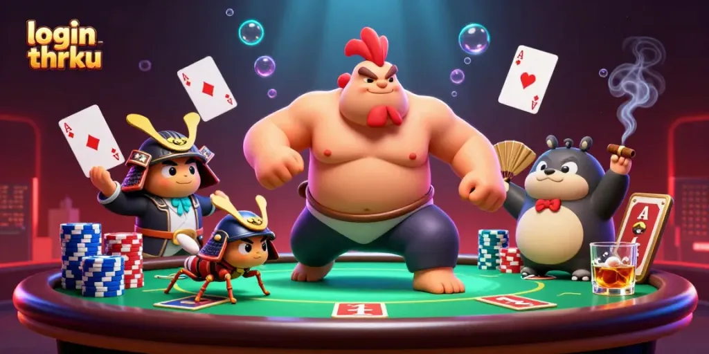 Login thrku unleashes excitement in a vibrant 3D casino scene featuring dynamic characters and gaming elements.