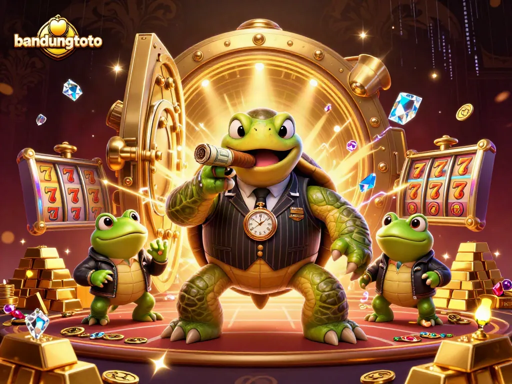 Experience the thrill at bandungtoto with a vibrant 3D illustration depicting a turtle mobster amidst casino treasures and slot elements.
