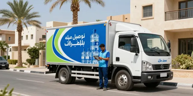 توصيل مياه بالرياض by a professional driver delivering water bottles to a home in Riyadh.