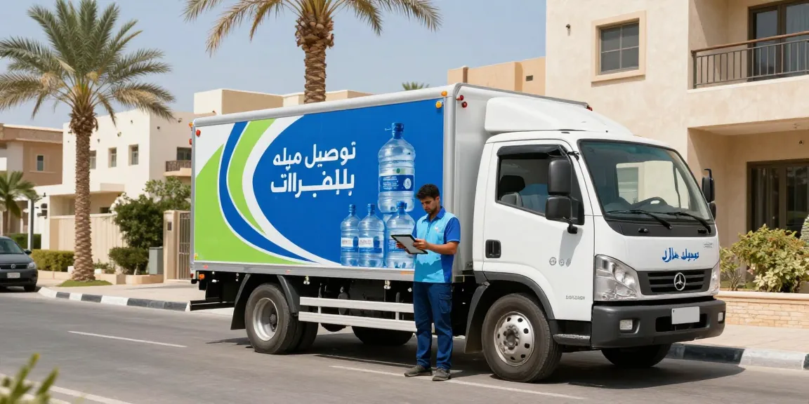 توصيل مياه بالرياض by a professional driver delivering water bottles to a home in Riyadh.