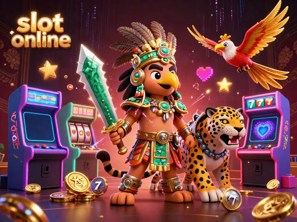 Experience immersive slot online gaming with Aztec warriors and colorful arcade elements in this 3D illustration.