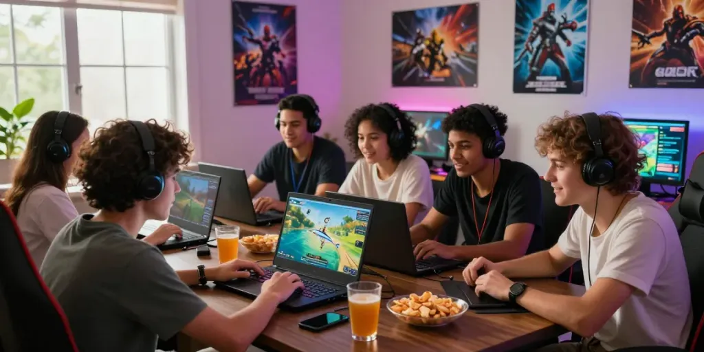 Friends enjoying an exciting fishing game on du88, surrounded by snacks and gaming gear.