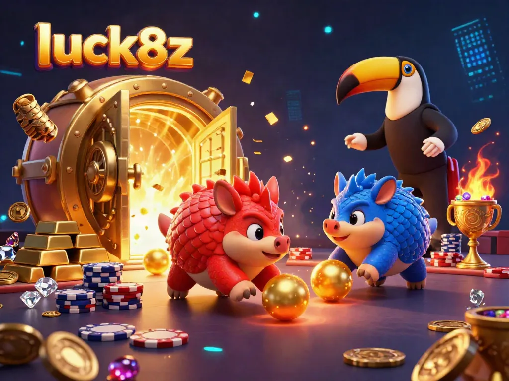 Engaging illustration showing luck8z with rival pangolins in armor bowling through poker chips, highlighting casino excitement.