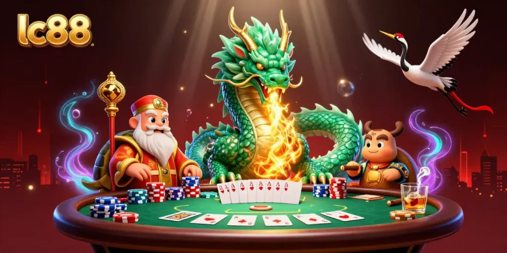 Experience the thrill of lc88 gaming with a vibrant dragon and poker scene in a rich 3D illustration.