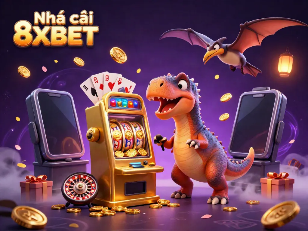 Experience the thrill of Nhà cái 8XBET with a 3D cartoon scene full of excitement and jackpots.