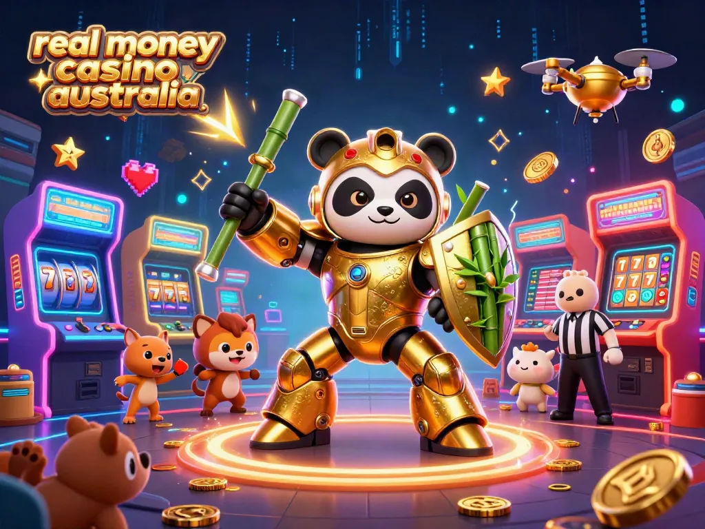 Engage in real money casino Australia action with a vibrant 3D scene featuring a golden panda mech and exciting game elements.