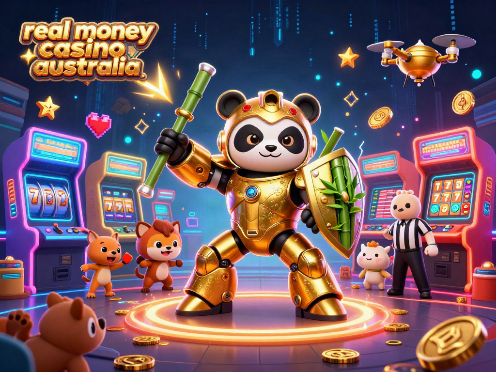 Engage in real money casino Australia action with a vibrant 3D scene featuring a golden panda mech and exciting game elements.