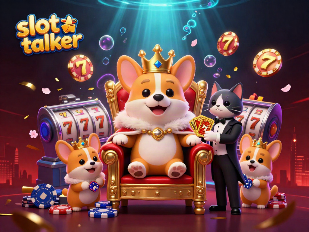 Experience the thrill of slots with slot talker, featuring a royal corgi on a poker chip throne.