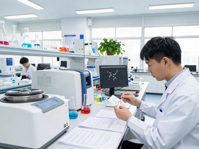 Scientist in lab analyzing SwissChems peptides and SARMs with advanced equipment.