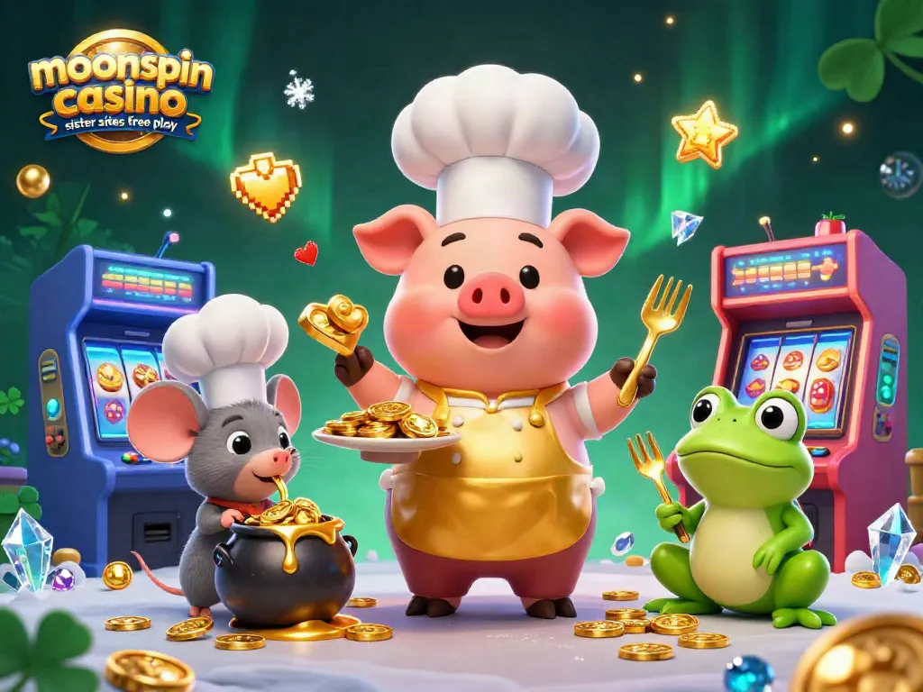 Experience free play at moonspin casino sister sites with vibrant characters serving gold coins in a lively casino scene.