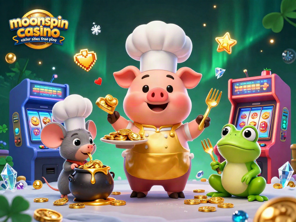 Experience free play at moonspin casino sister sites with vibrant characters serving gold coins in a lively casino scene.