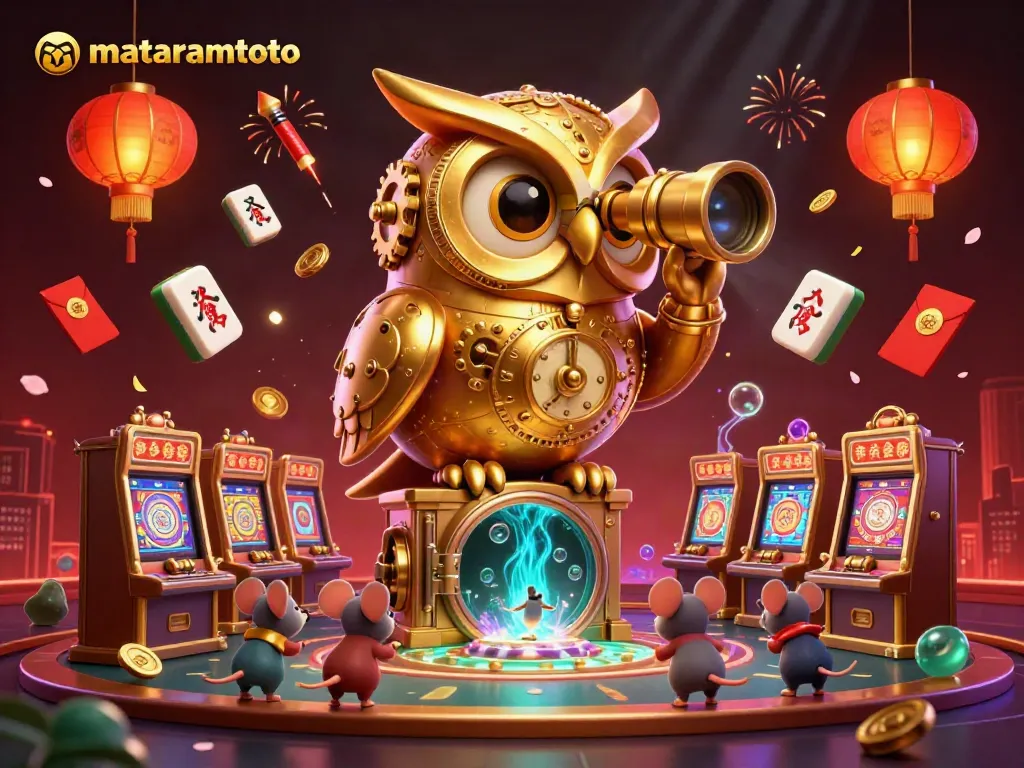 Experience the excitement of mataramtoto with a 3D golden owl overseeing a bustling casino scene filled with vibrant symbols and characters.