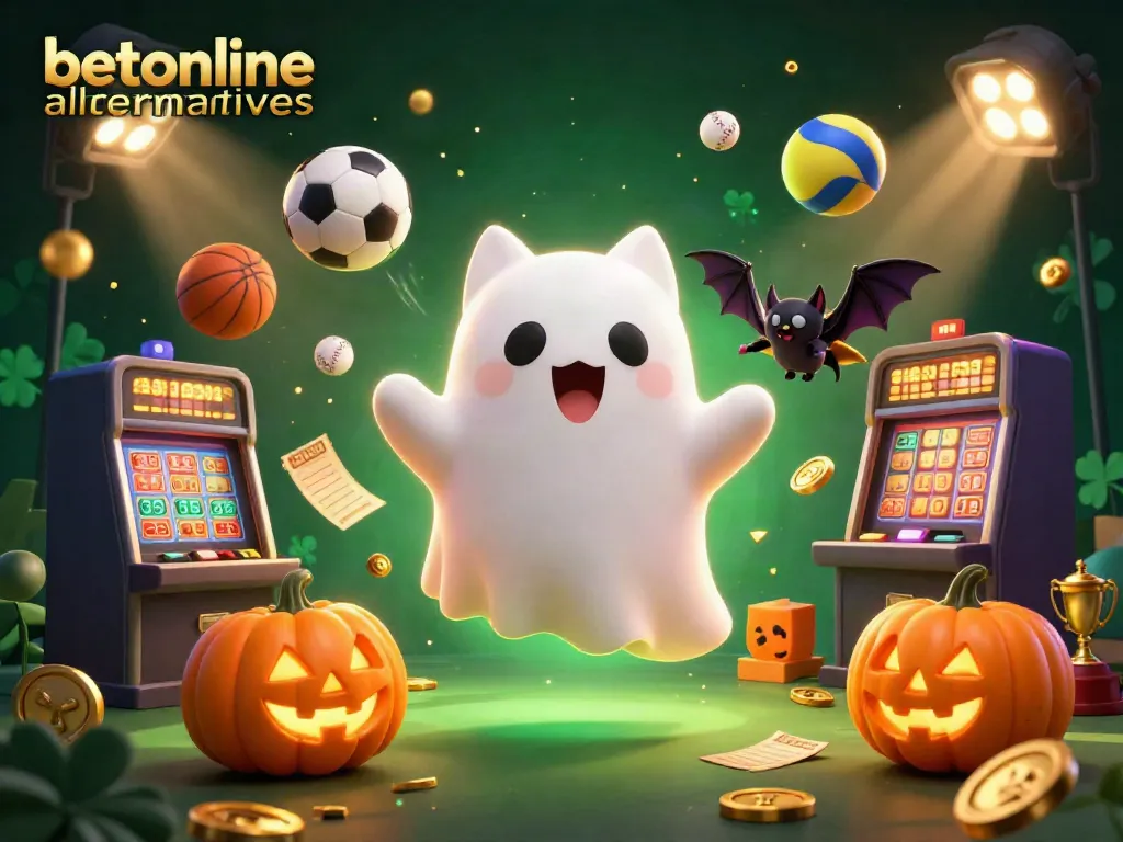 Experience thrilling betonline alternatives with a ghost cat in a haunted casino scene, complete with vibrant sports elements.