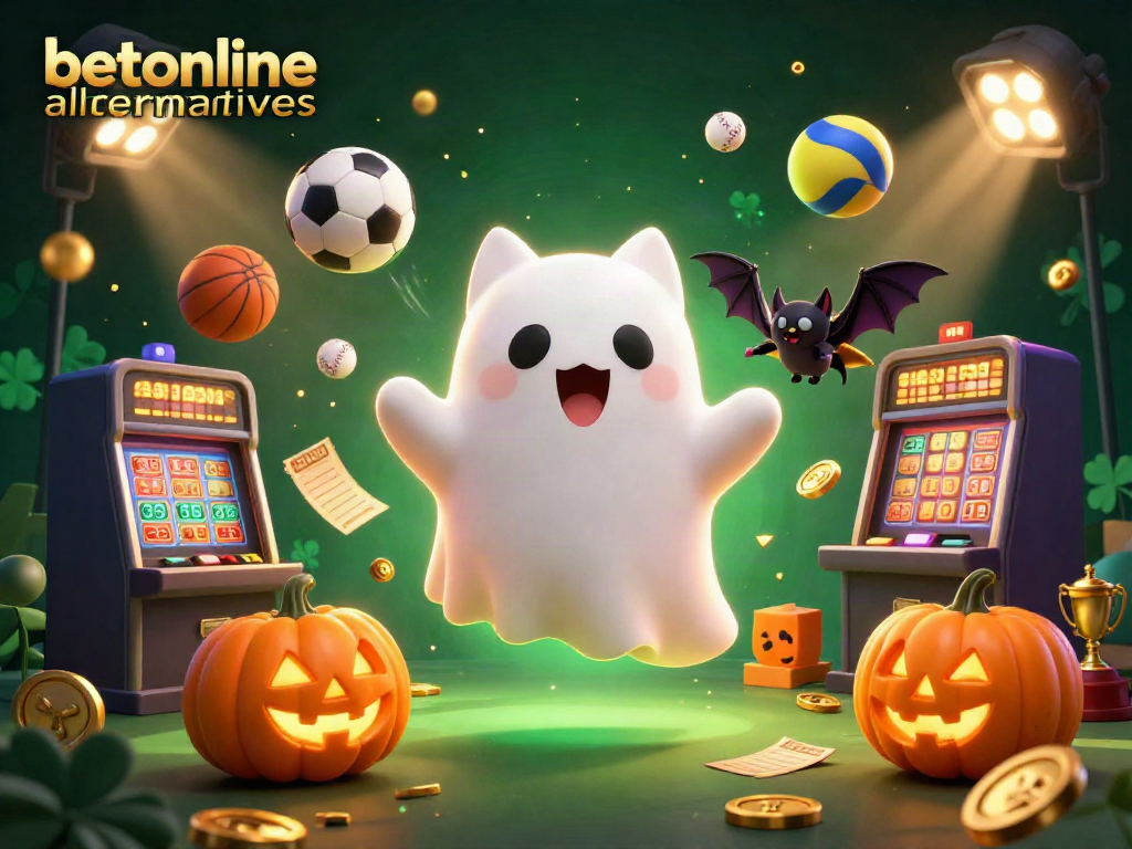 Experience thrilling betonline alternatives with a ghost cat in a haunted casino scene, complete with vibrant sports elements.
