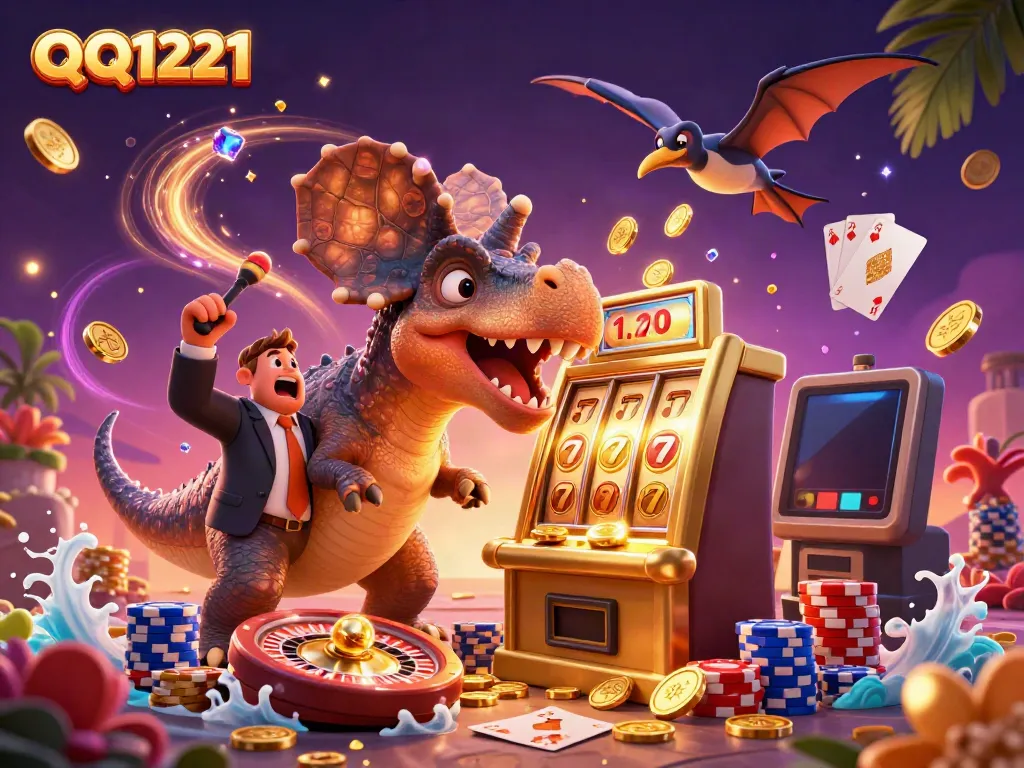 Experience QQ1221 with a dynamic scene of dinosaur characters winning at a casino.