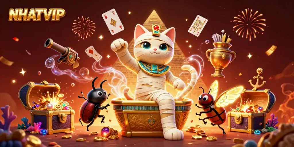 Experience the thrilling NHATVIP casino with a mummy cat and golden treasures.