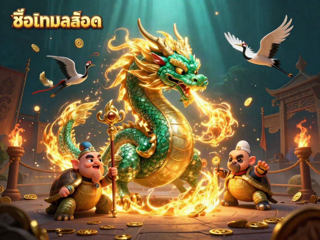 Unleash fortune with ชื่อเกมสล็อต showcasing a mystical dragon and vibrant casino elements.