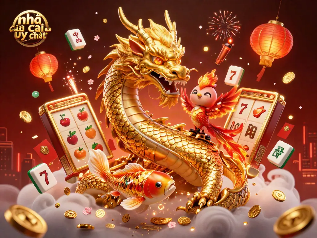 Engage with Nhà cái uy tín through a vibrant dragon, phoenix, and koi fish illustration showcasing gaming excitement.