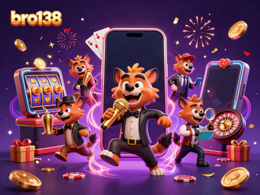 Experience the excitement of bro138 with cheery hyenas in a vibrant casino illustration, mixing drinks and checking IDs.