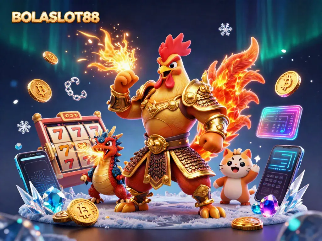 BOLASLOT88 showcases a vibrant scene with a rooster warrior, dragon hatchling, and fortune cat among casino elements.