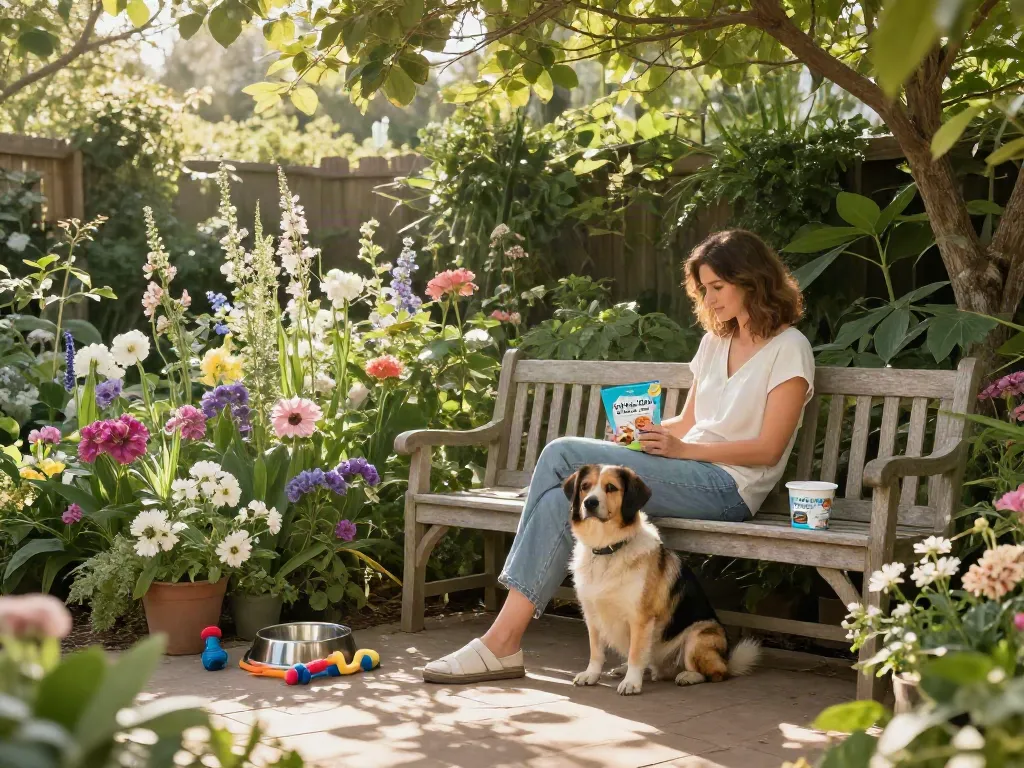 Calming Dog Treats in a serene garden setting, showcasing natural wellness for pets and their owners.