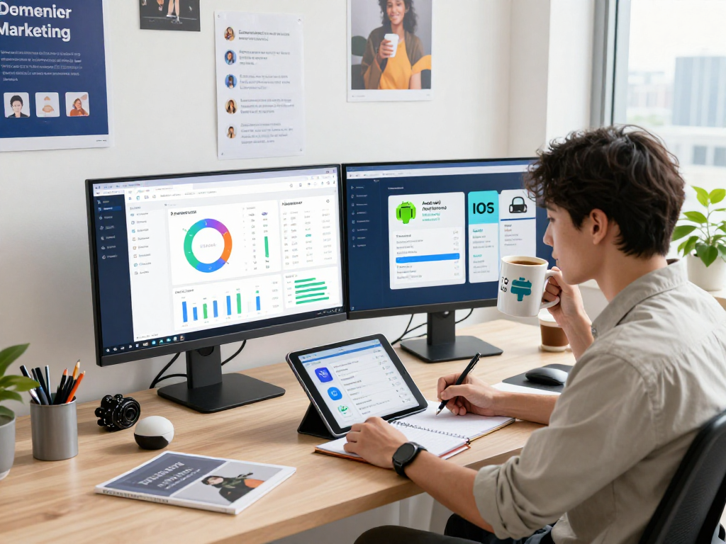 Buy app install analysis with digital marketer reviewing app performance metrics in a modern workspace