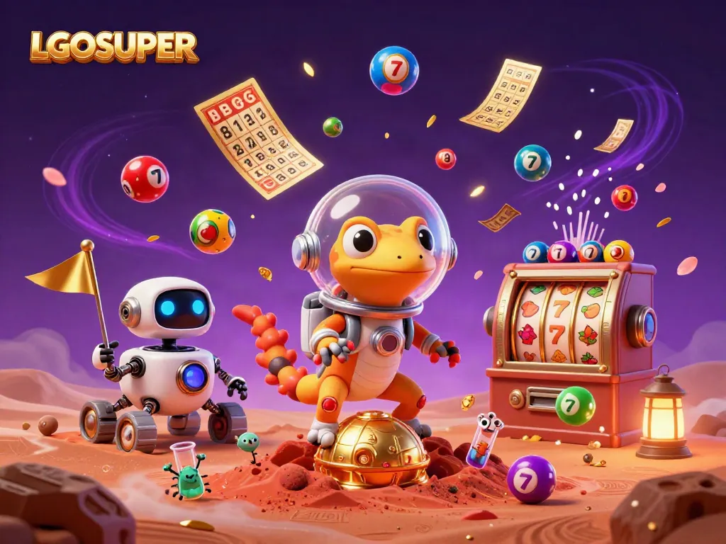 Join the Martian gecko as LGOSUPER unlocks vibrant casino treasures amidst lottery excitement.