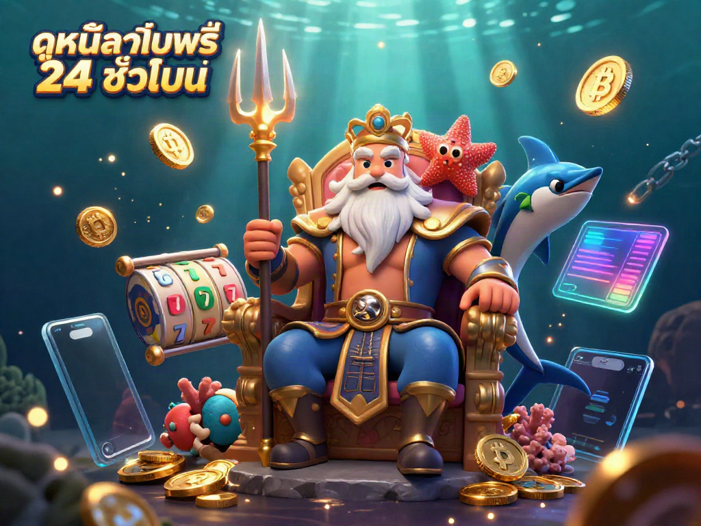 Experience ดูหนังออนไลน์ฟรี 24 ชั่วโมง with a dynamic scene featuring Neptune and slot reels amidst coins and blockchain elements.