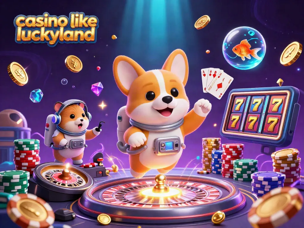 Experience the thrill of a casino like LuckyLand in a vibrant 3D illustration featuring playful characters.