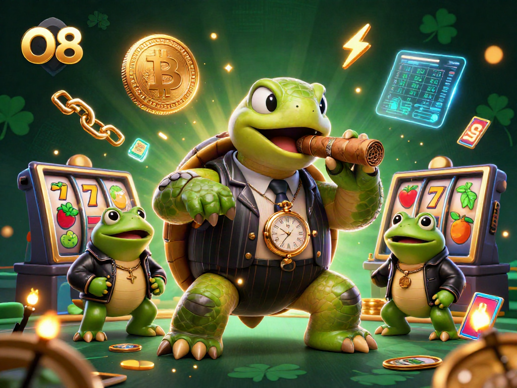 Engage with O8's vibrant casino world featuring a mobster turtle and bullfrog enforcers amidst digital crypto elements.