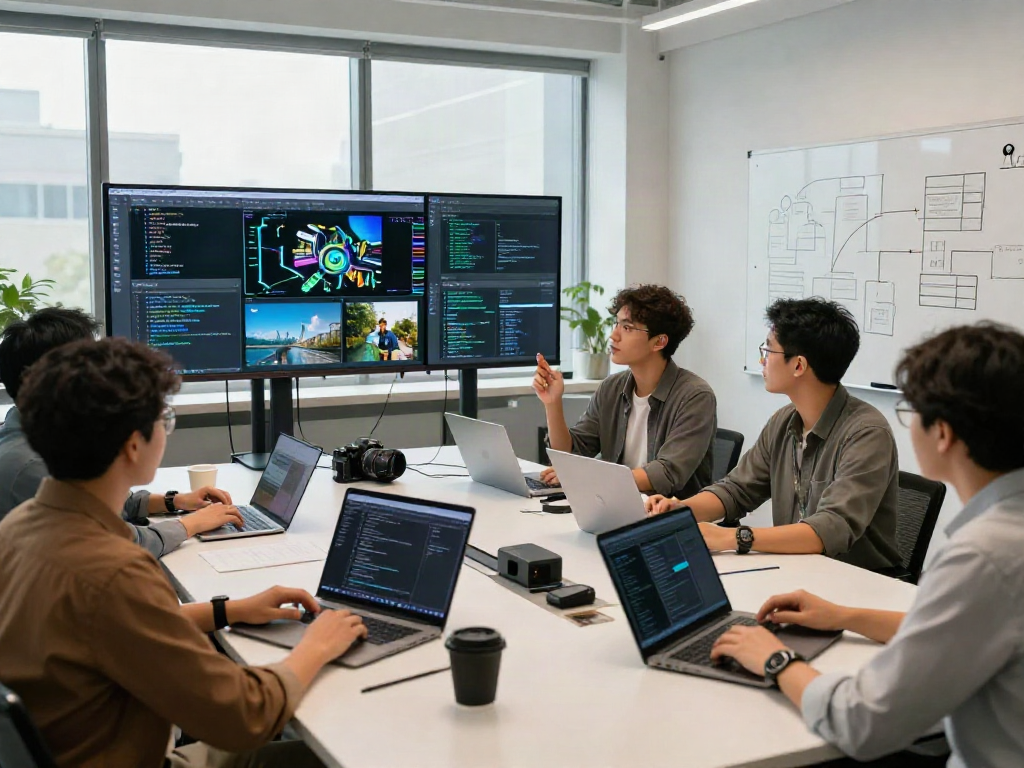 Team collaborating on AI Image Detection technology in a modern office with various screens and notes.