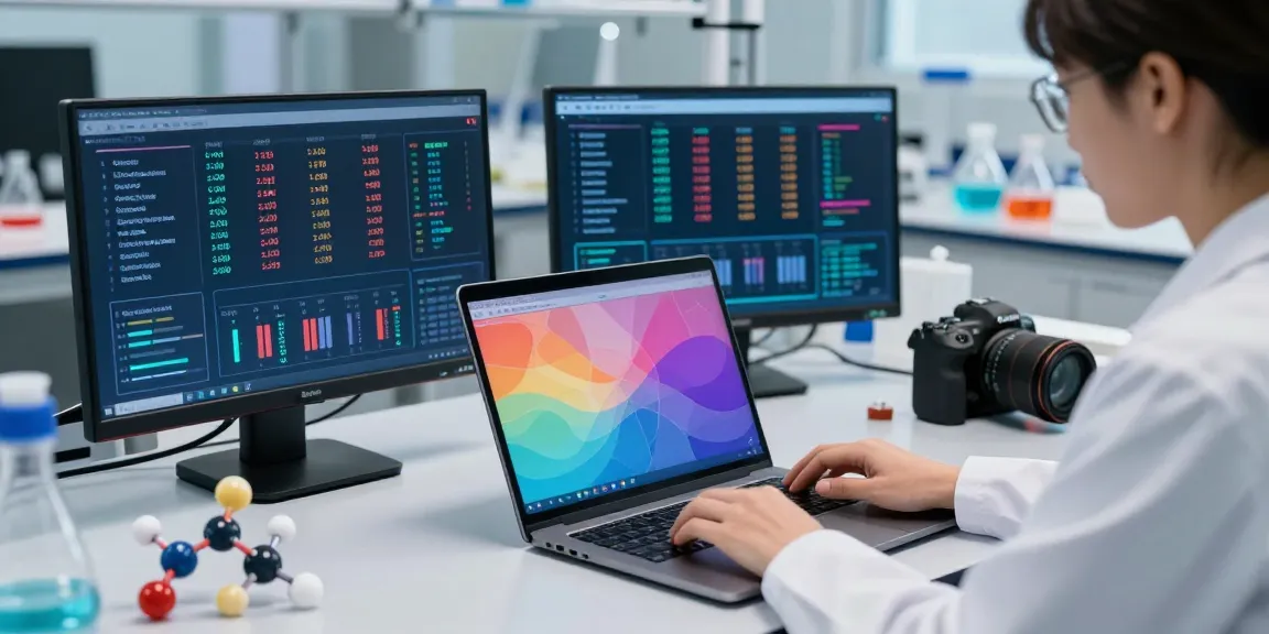Researcher analyzing peptideprices data on a laptop in a modern lab