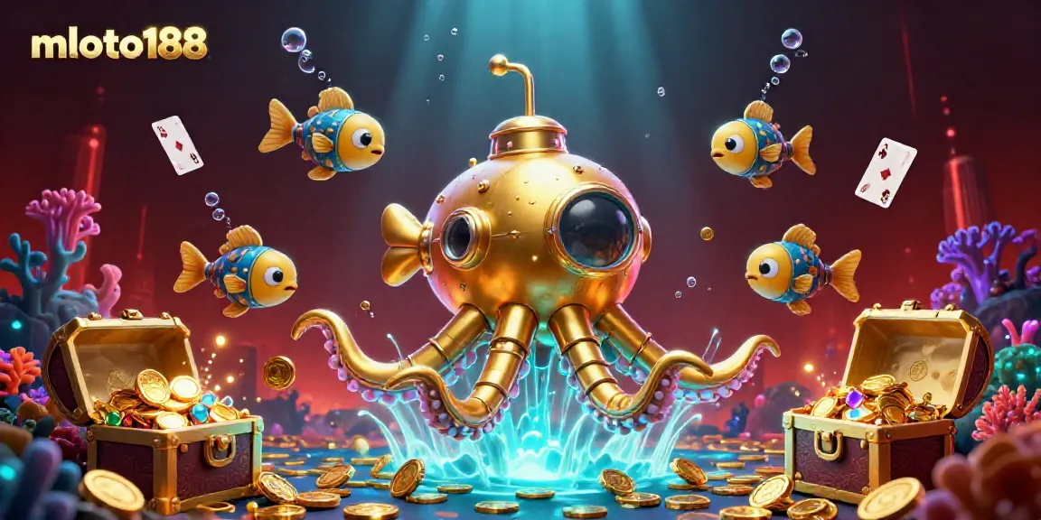 Experience thrilling gaming adventures with mloto188 featuring a golden kraken submarine surrounded by treasures.