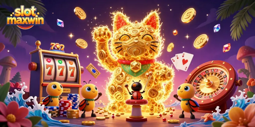 Experience slot maxwin excitement with a golden lucky cat amidst casino symbols and rich visuals.