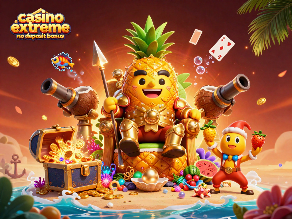 Experience the casino extreme no deposit bonus with rich tropical elements and vibrant characters in a playful casino scene.