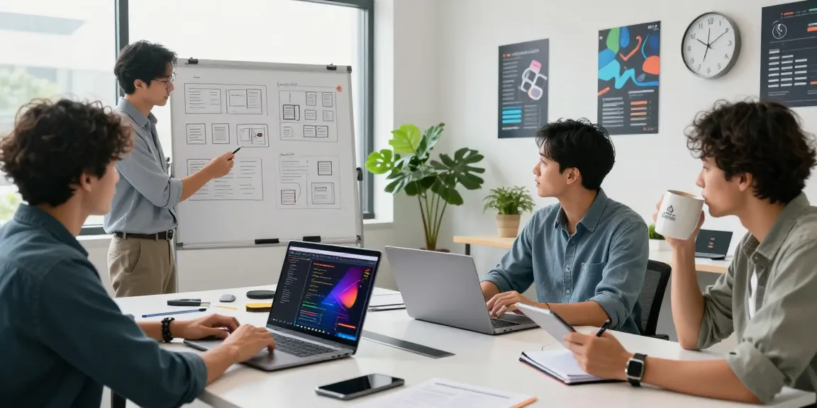 Team collaborating on mvp development service in a vibrant office workspace, showcasing modern tech dynamics.