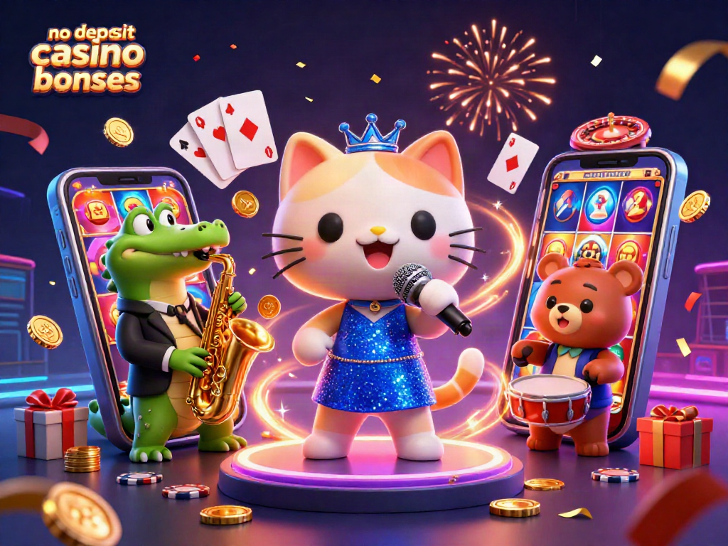 Create excitement with no deposit casino bonuses in this vibrant 3D illustration featuring festive characters and gaming elements.