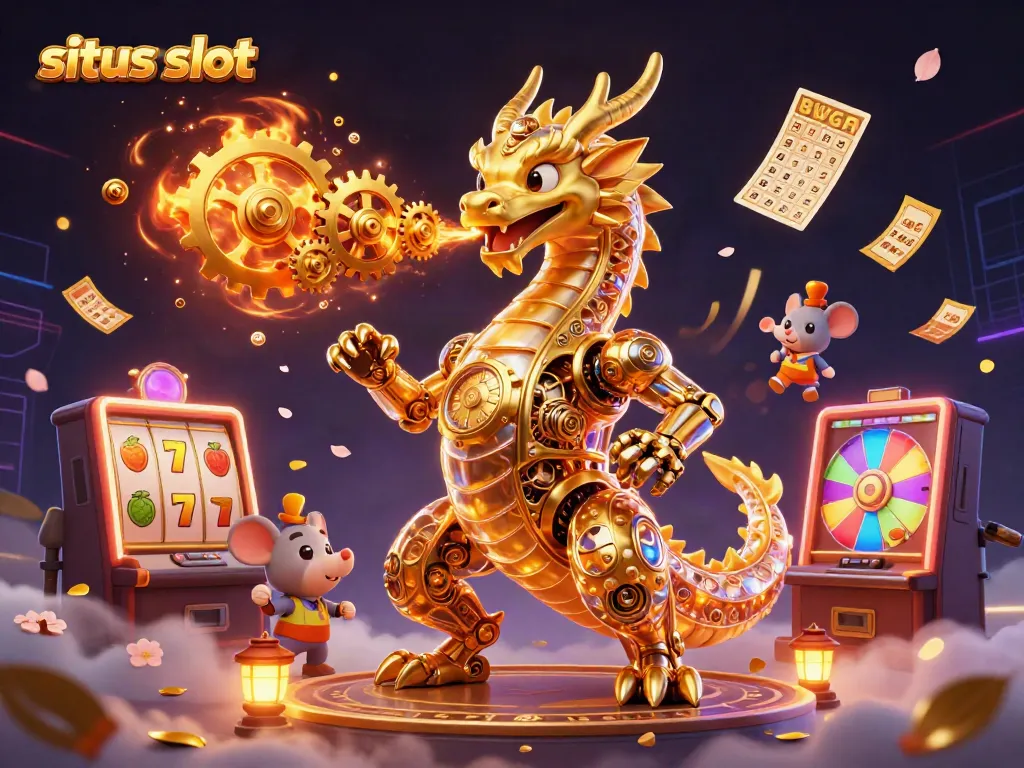 Experience the excitement of situs slot with a golden dragon and vibrant casino elements.