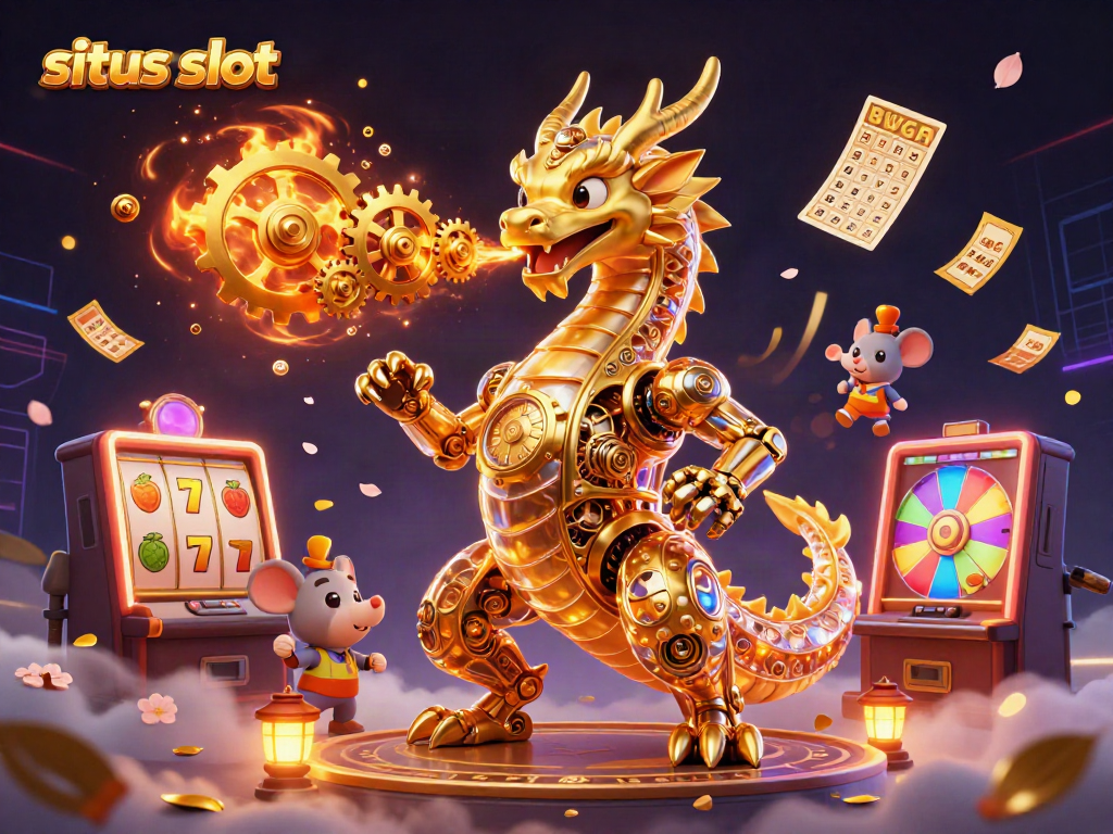 Experience the excitement of situs slot with a golden dragon and vibrant casino elements.