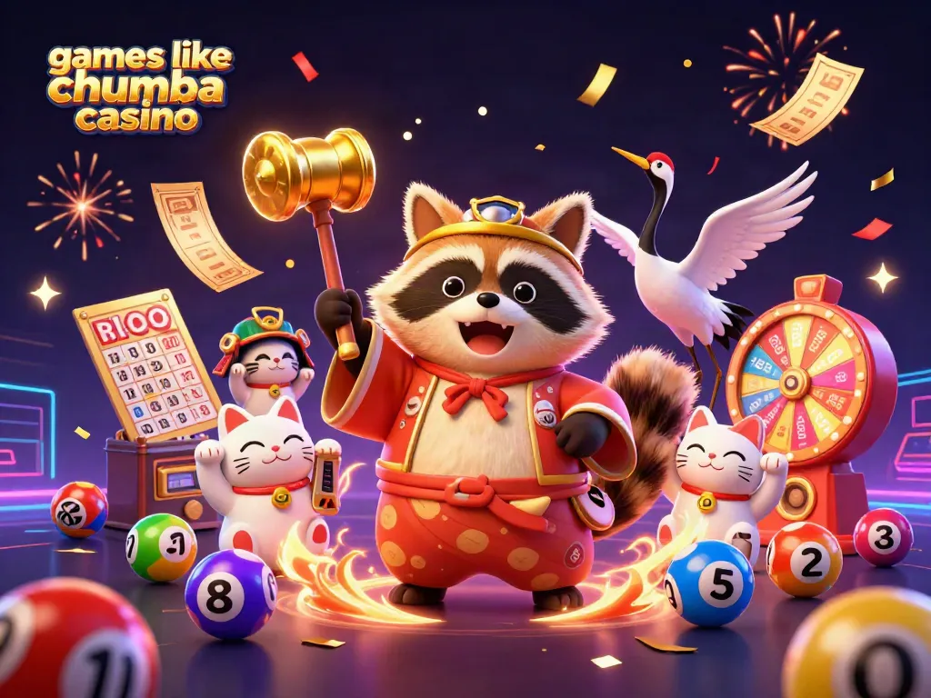Win big with games like Chumba Casino in this vibrant casino-themed illustration, showcasing fun elements and characters!