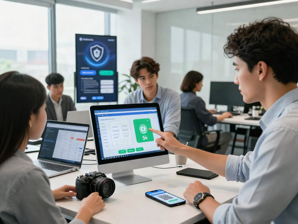 Engaging scene showcasing slot qris 5k digital payment technology in an innovative office.