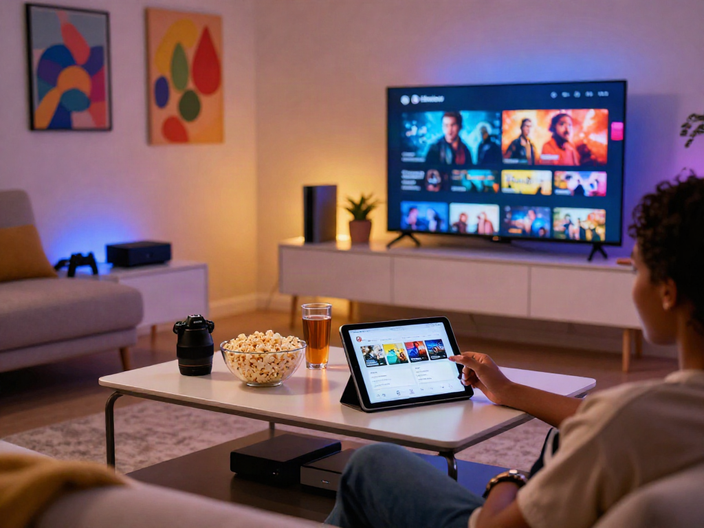 Enjoying Pikashow app in a modern living room with pop culture elements.