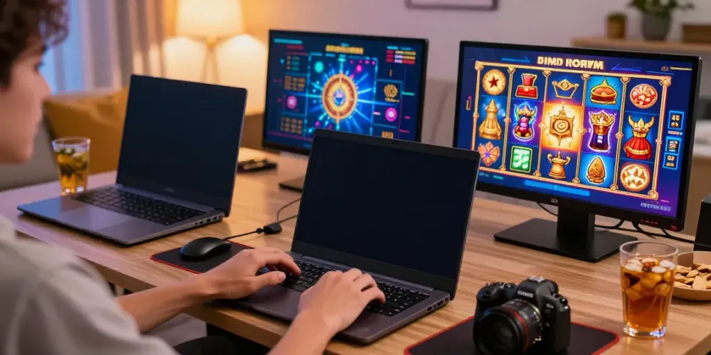 PESGSLOT user enjoying mobile and laptop slot games in a vibrant setting.