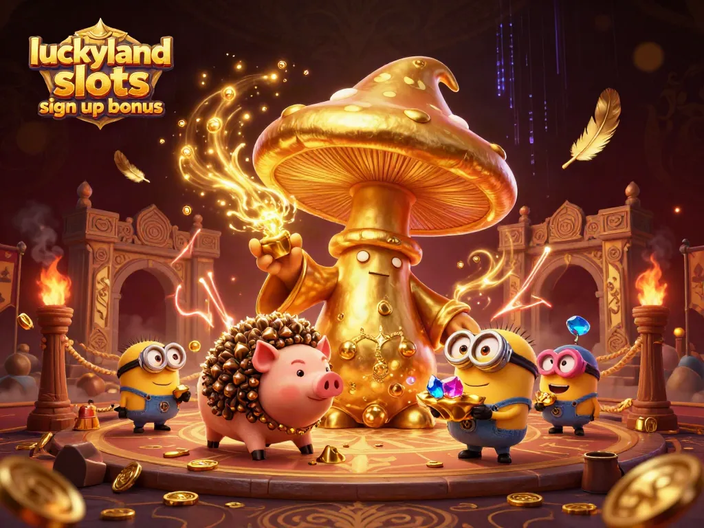 Experience the luckyland slots sign up bonus with gold coins, treasures, and vibrant magical elements.