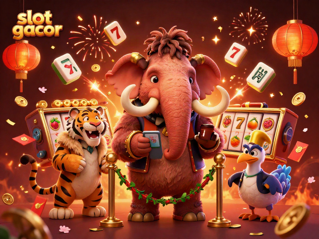 Experience the excitement of slot gacor with vibrant characters, slot reels, and festive elements in this dynamic 3D illustration.