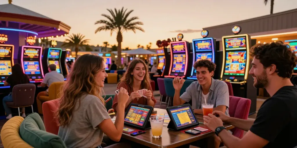 Friends enjoying bigdewa online slot games at a vibrant outdoor casino setting.