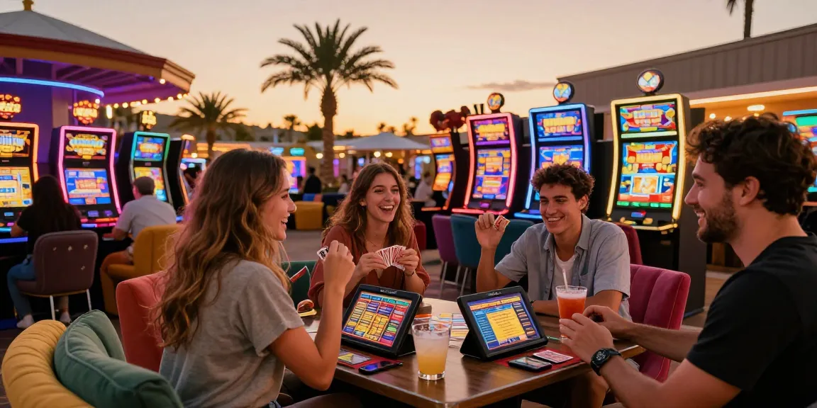 Friends enjoying bigdewa online slot games at a vibrant outdoor casino setting.