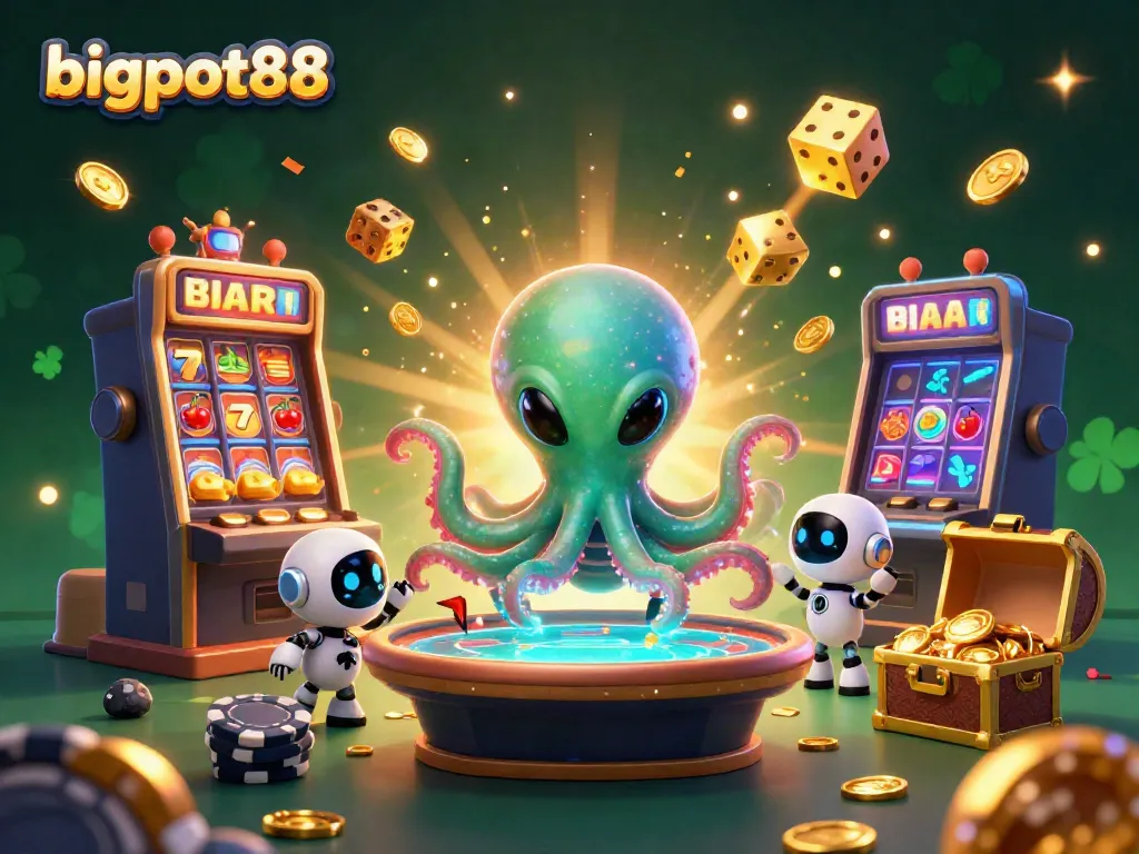 Engage with bigpot88's dynamic online casino scene featuring a playful alien octopus and vibrant gaming elements.