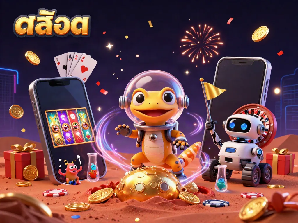 Experience thrilling สล็อต action with a Martian gecko amidst a golden casino, gaming elements galore!