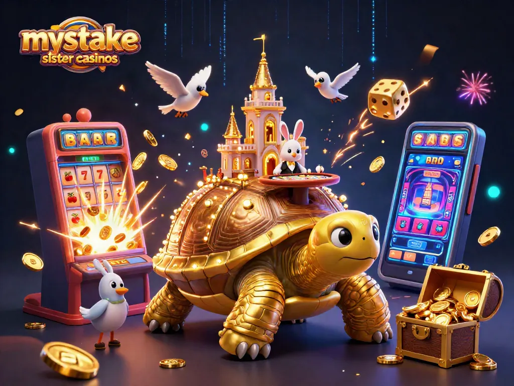 Engaging visual of mystake sister casinos featuring vibrant 3D golden tortoise and casino elements.